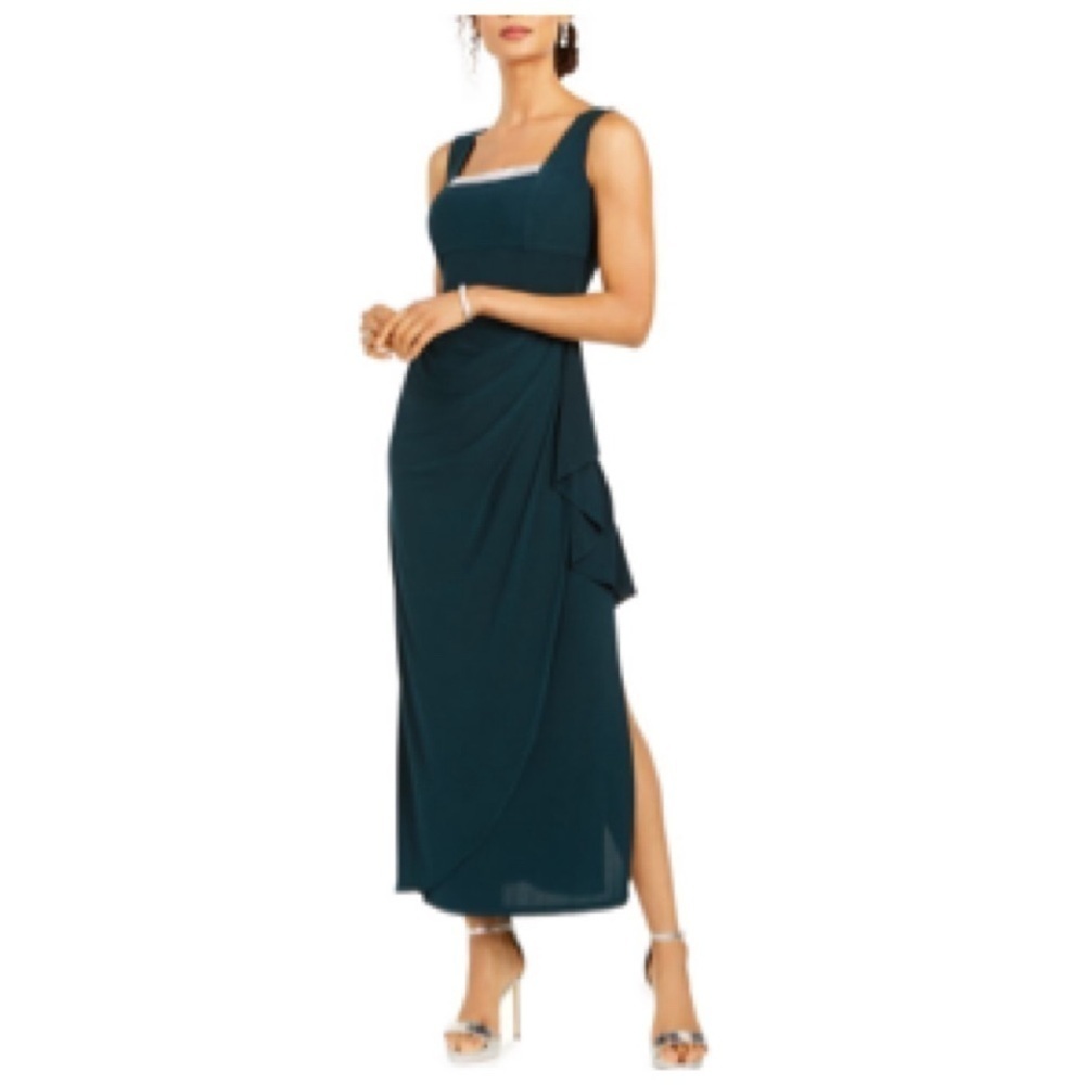 R & M Richards Rhinestone Neckline Trim Drapes Ruffled Gown Size 8 Dark Green